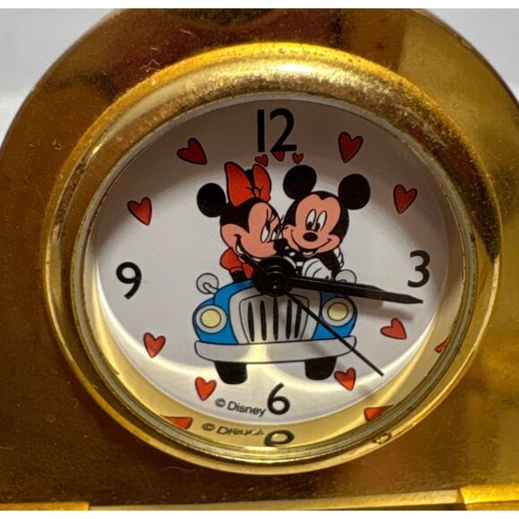 Disney Desk Mantel Clock Minature Mickey & Minnie Driving Gold Metal 2 x 1.25" - Picture 2 of 8